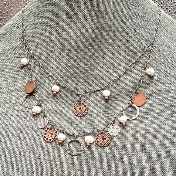 Silpada N1567 Sterling Silver 925 Copper Coin Pearl Cha Cha Necklace Layered - Picture 7 of 8